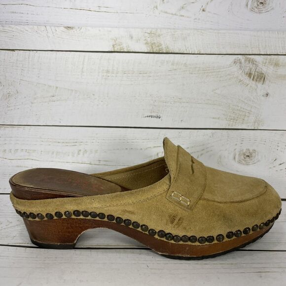 Michael Kors Wooden Clogs Womens Size 6 B Chestnut Tan Suede Made In Italy - Picture 1 of 10